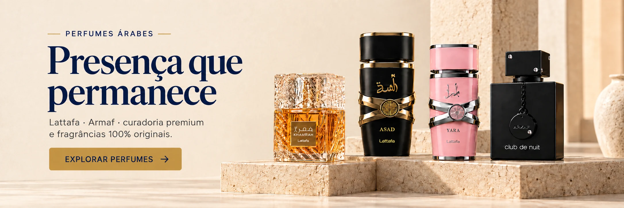 Perfumes Árabes: presença que permanece. Lattafa, Armaf e curadoria premium, fragrâncias 100% originais. Explorar perfumes.
