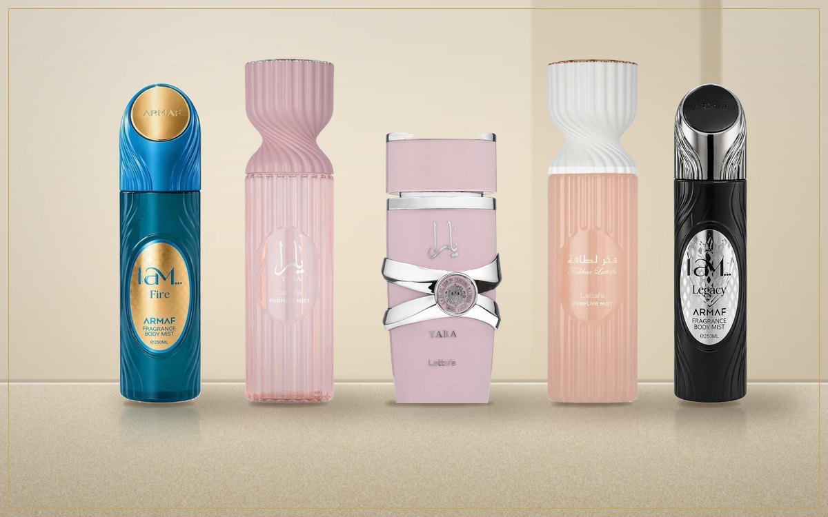 Frascos de body splash Armaf I Am Fire e I Am Legacy e Lattafa Yara e Fakhar, de 250 ml, ao lado do perfume Yara Eau de Parfum sobre bancada clara