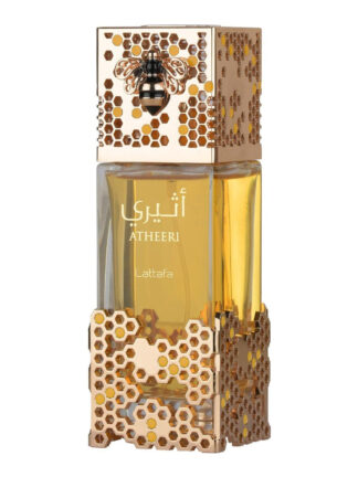 Frasco de Lattafa Atheeri Eau de Parfum 100ml, vidro âmbar com tampa dourada em favo de mel e abelha